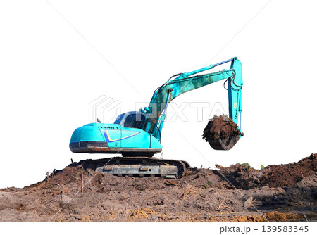 Excavator isolated on white background. Green tracked Backhoe loader isolated on white Excavator isolated on white background. Green tracked Backhoe loader isolated on white 139583345