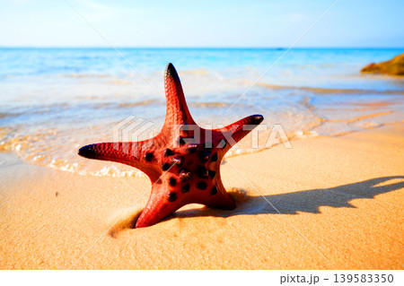 Starfish on sandy beach in shallow sea. Bright starfish rests in sea water on beach. Red starfish 139583350