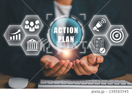 Businessman presenting digital action plan interface with strategy icons, symbolizing corporate planning and management. Businessman presenting digital action plan interface with strategy icons, symbolizing corporate planning and management. 139583545