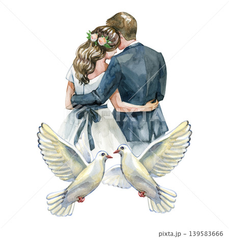 Watercolor illustration of a bride and groom embracing from behind, adorned with two white doves in the foreground. The romantic scene features delicate floral hair accessories and soft textures. Watercolor illustration of a bride and groom embracing from behind, adorned with two white doves in the foreground. The romantic scene features delicate floral hair accessories and soft textures. 139583666