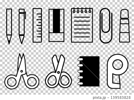 文具圖示:鉛筆、橡皮擦、學習用品、黑白、向量圖。 文具圖示:鉛筆、橡皮擦、學習用品、黑白、向量圖。 139583828