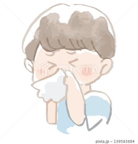 鼻をかむ子供 水彩 イラスト 鼻水 風邪予防 衛生習慣 花粉症 139583884