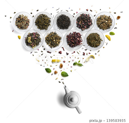 Large assortment of tea on a white background. The view from the top 139583935