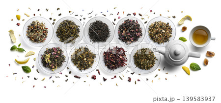 Large assortment of tea on a white background. The view from the top Large assortment of tea on a white background. The view from the top 139583937