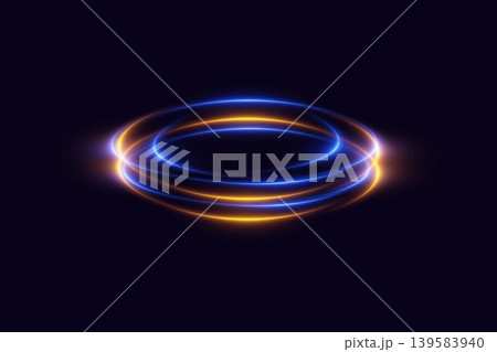 Abstract glowing neon rings forming a dynamic energy portal on dark background 139583940