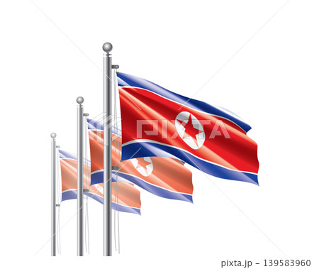 Brightly shining North Korea flags wave proudly on tall masts during official celebration events 139583960