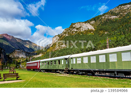 Old wagons in the old train station of Canfranc in the Pyrenees in Huesca, Spain close to the border with France. 139584066