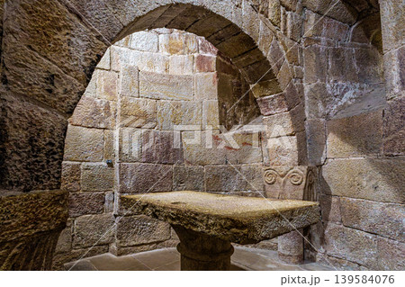 Interior of the ancient romanesque crypt of the Monastery of San Salvador of Leyre at Yesa, Navarre, Spain Interior of the ancient romanesque crypt of the Monastery of San Salvador of Leyre at Yesa, Navarre, Spain 139584076