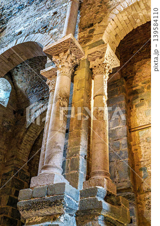 Interior of the antique monastery Sant Pedro de Rodes in the National Park of Cap de Creus, Emporda, Girona, Spain Interior of the antique monastery Sant Pedro de Rodes in the National Park of Cap de Creus, Emporda, Girona, Spain 139584110