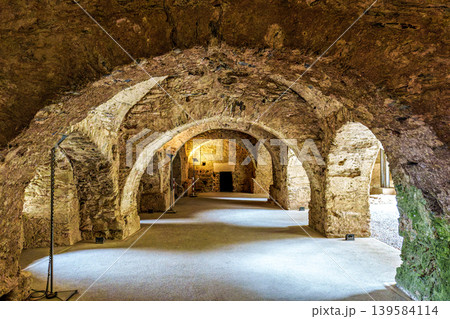 Interior of the antique monastery Sant Pedro de Rodes in the National Park of Cap de Creus, Emporda, Girona, Spain Interior of the antique monastery Sant Pedro de Rodes in the National Park of Cap de Creus, Emporda, Girona, Spain 139584114
