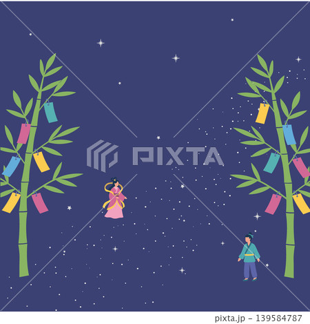 七夕のバナー　モノクロイラスト　七夕素材　背景　織姫と彦星　天の川 139584787