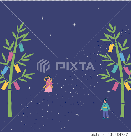 七夕のバナー　モノクロイラスト　七夕素材　背景　織姫と彦星　天の川 139584787