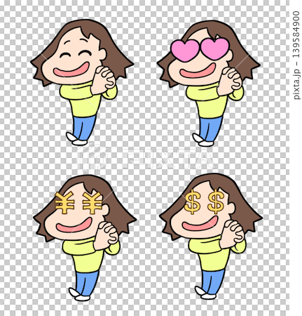 A comical set of chibi-style illustrations featuring a woman with her hands clasped and smiling, with different facial expressions including heart-shaped, circle-shaped, and dollar-shaped eyes. A comical set of chibi-style illustrations featuring a woman with her hands clasped and smiling, with different facial expressions including heart-shaped, circle-shaped, and dollar-shaped eyes. 139584900