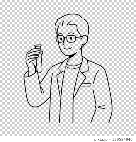 身穿白大褂的男性研究員的線條畫插圖。 139584940