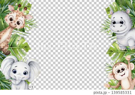 Watercolor jungle animal frame with cute giraffe, elephant, hippo and monkey surrounded by tropical leaves, hand painted border with empty space for kids design, invitations, nursery decor Watercolor jungle animal frame with cute giraffe, elephant, hippo and monkey surrounded by tropical leaves, hand painted border with empty space for kids design, invitations, nursery decor 139585331