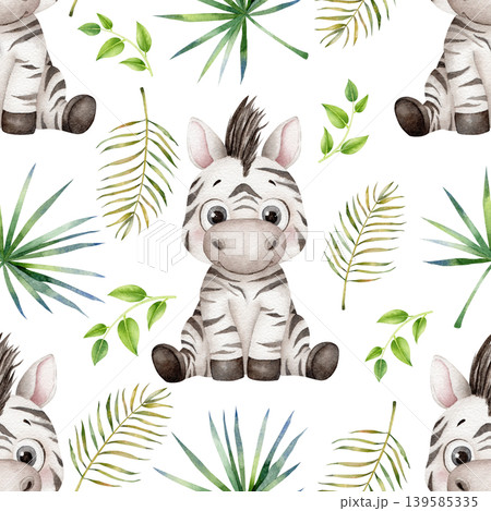 Seamless watercolor pattern with cute baby zebra and tropical foliage, hand painted repeating jungle background for kids textiles, wallpaper, wrapping paper and playful surface design 139585335