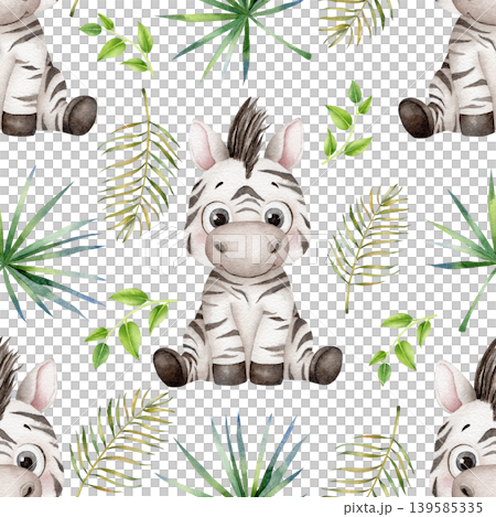 Seamless watercolor pattern with cute baby zebra and tropical foliage, hand painted repeating jungle background for kids textiles, wallpaper, wrapping paper and playful surface design 139585335