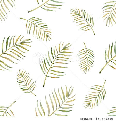 Watercolor seamless pattern with tropical palm leaves, hand painted botanical design in soft green tones, repeat background for fabric, wallpaper, wrapping paper and surface design. Watercolor seamless pattern with tropical palm leaves, hand painted botanical design in soft green tones, repeat background for fabric, wallpaper, wrapping paper and surface design. 139585336