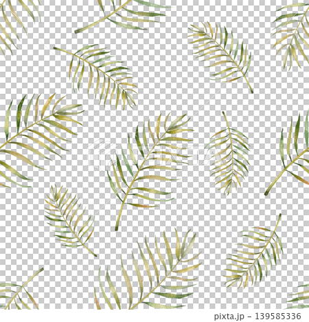 Watercolor seamless pattern with tropical palm leaves, hand painted botanical design in soft green tones, repeat background for fabric, wallpaper, wrapping paper and surface design. Watercolor seamless pattern with tropical palm leaves, hand painted botanical design in soft green tones, repeat background for fabric, wallpaper, wrapping paper and surface design. 139585336