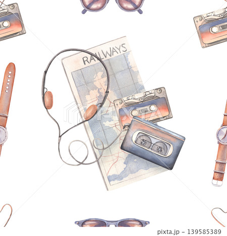 Railway map, cassette, player, headphones, watch, sunglasses, seamless pattern. Hand-painted watercolor illustration isolated on white for travel, retro branding, print, packaging, clothing, decor 139585389