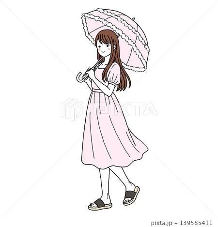 日傘を差して歩くワンピースの女性 ピンク 139585411