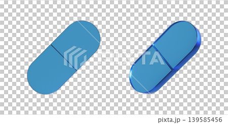 A 3D illustration of a flat icon of a medicine capsule. The mark has a translucent, blue, glass-like texture. A 3D illustration of a flat icon of a medicine capsule. The mark has a translucent, blue, glass-like texture. 139585456