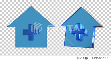 A 3D illustration of a flat icon for home-based medical care. The mark has a transparent, blue, glass-like texture. A 3D illustration of a flat icon for home-based medical care. The mark has a transparent, blue, glass-like texture. 139585457
