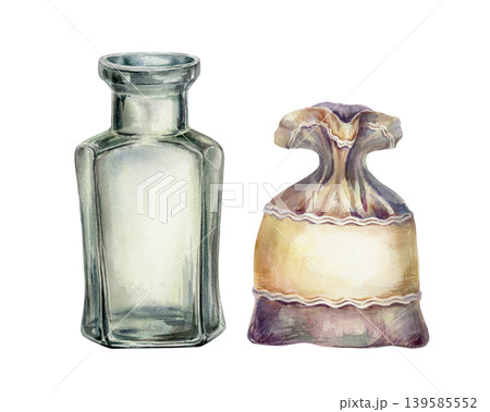 Apothecary glass bottle and textile sack watercolor set. Vintage jar and herbal sachet for pharmaceutical packaging design, craft remedy branding, medicinal tea label and organic skincare graphics 139585552