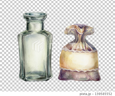 Apothecary glass bottle and textile sack watercolor set. Vintage jar and herbal sachet for pharmaceutical packaging design, craft remedy branding, medicinal tea label and organic skincare graphics 139585552