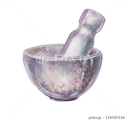 Apothecary mortar and pestle watercolor illustration. Vintage ceramic tool for grinding medicinal herbs, pharmaceutical laboratory branding, organic medicine design and craft remedy packaging 139585556