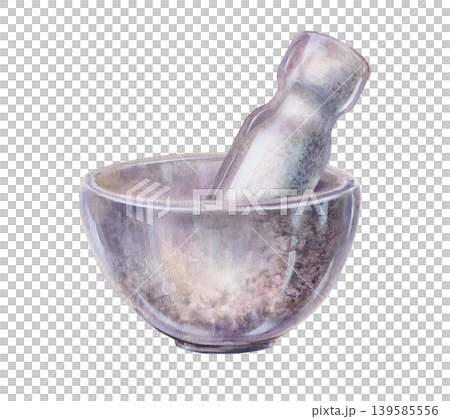 Apothecary mortar and pestle watercolor illustration. Vintage ceramic tool for grinding medicinal herbs, pharmaceutical laboratory branding, organic medicine design and craft remedy packaging 139585556