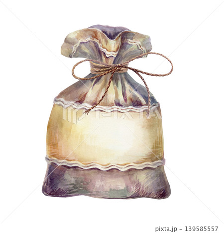 Apothecary textile sack with twine bow watercolor illustration. Vintage herbal sachet with blank label for medicinal tea packaging, craft dried herbs storage branding and organic remedy design Apothecary textile sack with twine bow watercolor illustration. Vintage herbal sachet with blank label for medicinal tea packaging, craft dried herbs storage branding and organic remedy design 139585557