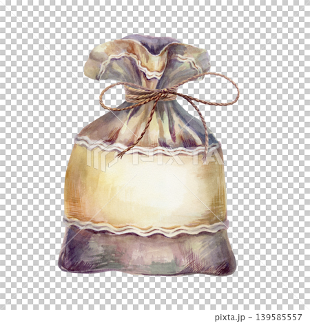 Apothecary textile sack with twine bow watercolor illustration. Vintage herbal sachet with blank label for medicinal tea packaging, craft dried herbs storage branding and organic remedy design Apothecary textile sack with twine bow watercolor illustration. Vintage herbal sachet with blank label for medicinal tea packaging, craft dried herbs storage branding and organic remedy design 139585557
