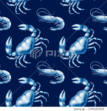 Solitary crab and shrimp in delicate blue watercolor monochrome seamless pattern.Hand drawn illustration for marine themes,coastal designs,restaurant menu,wrapping paper Solitary crab and shrimp in delicate blue watercolor monochrome seamless pattern.Hand drawn illustration for marine themes,coastal designs,restaurant menu,wrapping paper 139585564