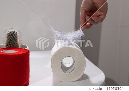 Womans hand gently unrolling soft white toilet paper with feathery fibers. Red roll and small cactus on bathroom surface Womans hand gently unrolling soft white toilet paper with feathery fibers. Red roll and small cactus on bathroom surface 139585944
