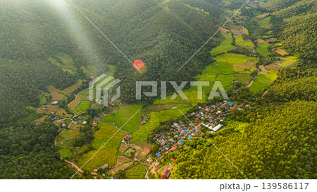 Aerial top view of Yellow rice terraces beside the mountain village 139586117