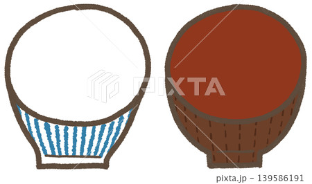 青の縞柄のお茶碗とお椀のセット、シンプルで可愛くデフォルメした手描きイラスト（暮らしシリーズ） 139586191