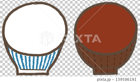 青の縞柄のお茶碗とお椀のセット、シンプルで可愛くデフォルメした手描きイラスト（暮らしシリーズ） 139586191