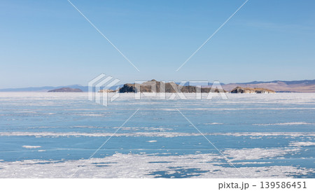 Frozen Lake Baikal landscape with drifting ice floes, Maloye More strait 139586451