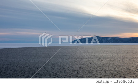 Sunset view of the Angara River meeting Lake Baikal near Listvyanka 139586535