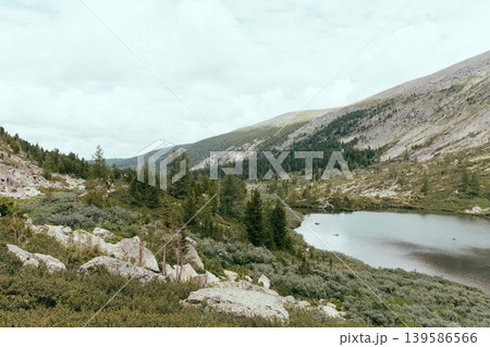 Scenic mountain lake landscape at Karakol Lakes in Altai Mountains, Russia Scenic mountain lake landscape at Karakol Lakes in Altai Mountains, Russia 139586566
