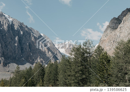 Mountain landscape of Aktru Valley with snowy peaks and conifer forest, Altai Mountain landscape of Aktru Valley with snowy peaks and conifer forest, Altai 139586625