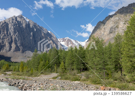 Aktru Valley mountain landscape with larch forest and snowy peaks, Altai Aktru Valley mountain landscape with larch forest and snowy peaks, Altai 139586627