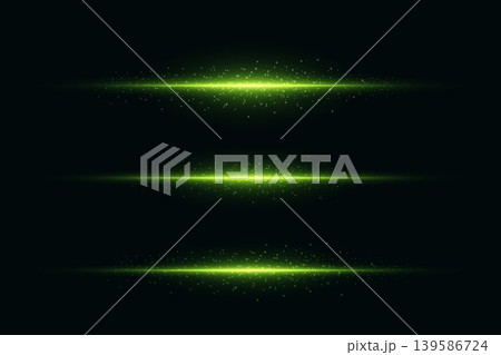Green light trails with glowing particles moving across black background Green light trails with glowing particles moving across black background 139586724
