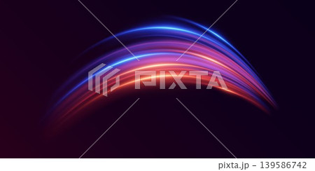 Dynamic light trails forming glowing abstract energy arc on dark background Dynamic light trails forming glowing abstract energy arc on dark background 139586742