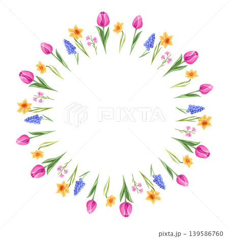 Decorative frame with flowers. Spring muscari, tulip and narcissus. Decorative frame with flowers. Spring muscari, tulip and narcissus. 139586760