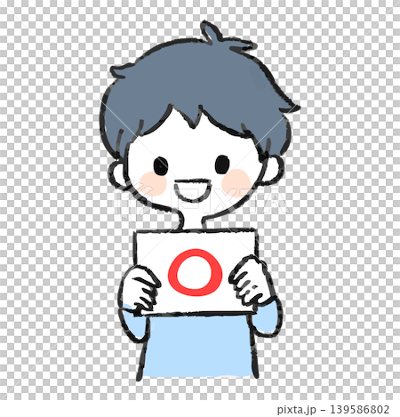 A man smiling and holding a panel with a circle on it. 139586802