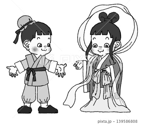 織姫と彦星の衣装を着た女の子と男の子 モノクロバージョン 織姫と彦星の衣装を着た女の子と男の子 モノクロバージョン 139586808