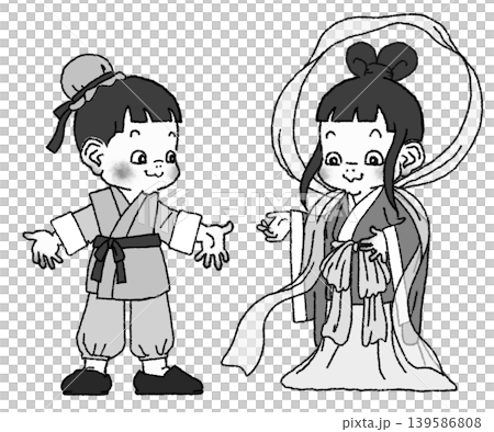 一男一女裝扮成織姬和牛郎（黑白照片）。 139586808