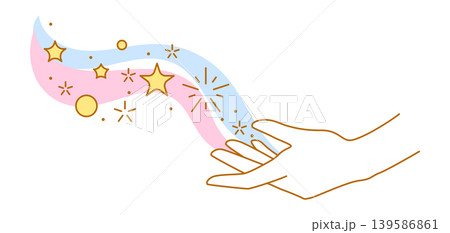 Magic stars in hand. Palm hold or gives celestial body. Line art style. 139586861